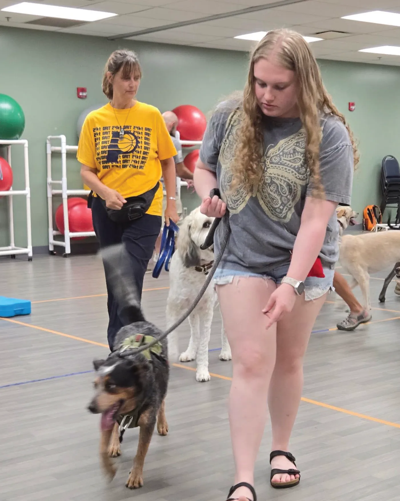 A Brown County K9 client walking a dog during hands-on training