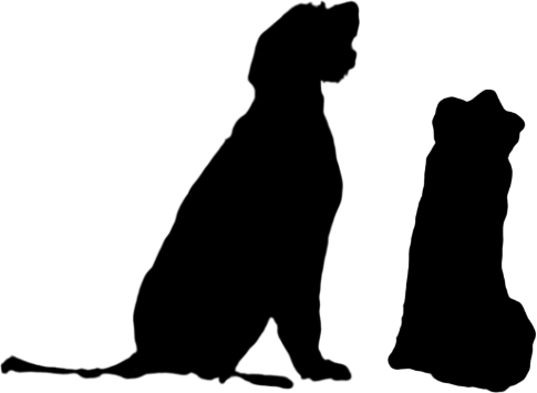 Silhouette of two sitting dogs facing Alice, left